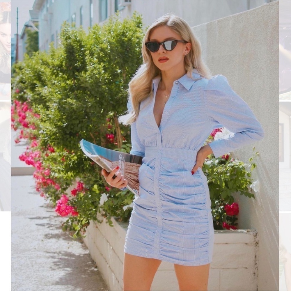 J. Ling Light Blue Striped Nautical Ruched Front Shirt Dress